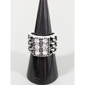 Premier Designs Grand Ring Silver Tone Curb Chain Wide CZ Cocktail Ring Size 7.5